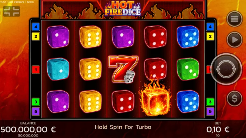 Hot Fire Dice - ecranul jocului cu șeptari în flăcări